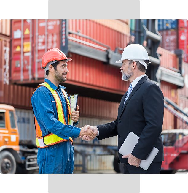 Worker and manager shaking hands at port.