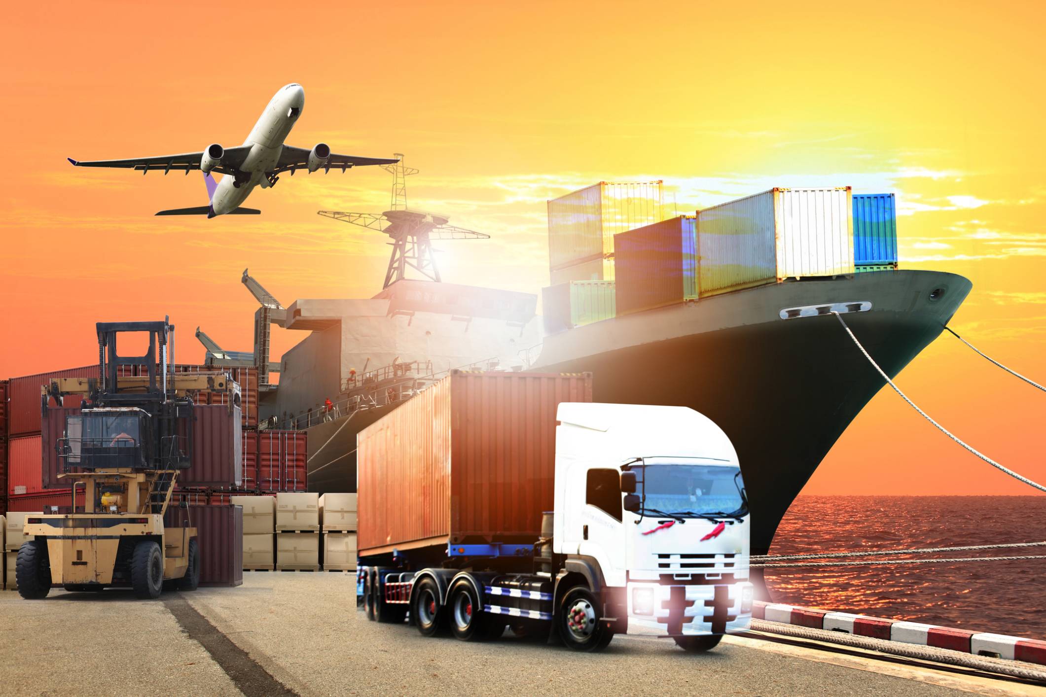 Multimodal transportation: Ship, plane, truck, containers.