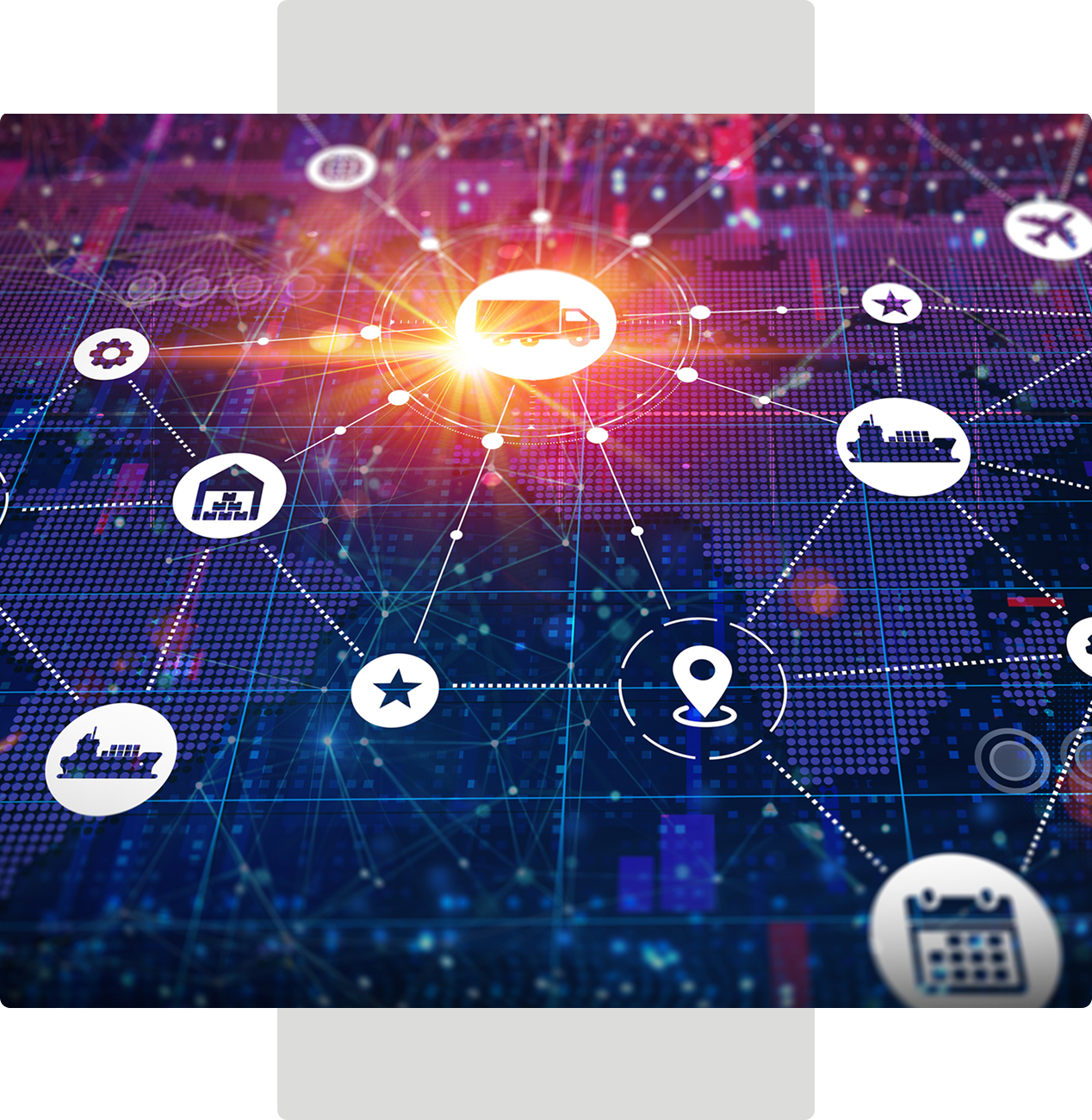 Supply chain logistics network diagram with icons.
