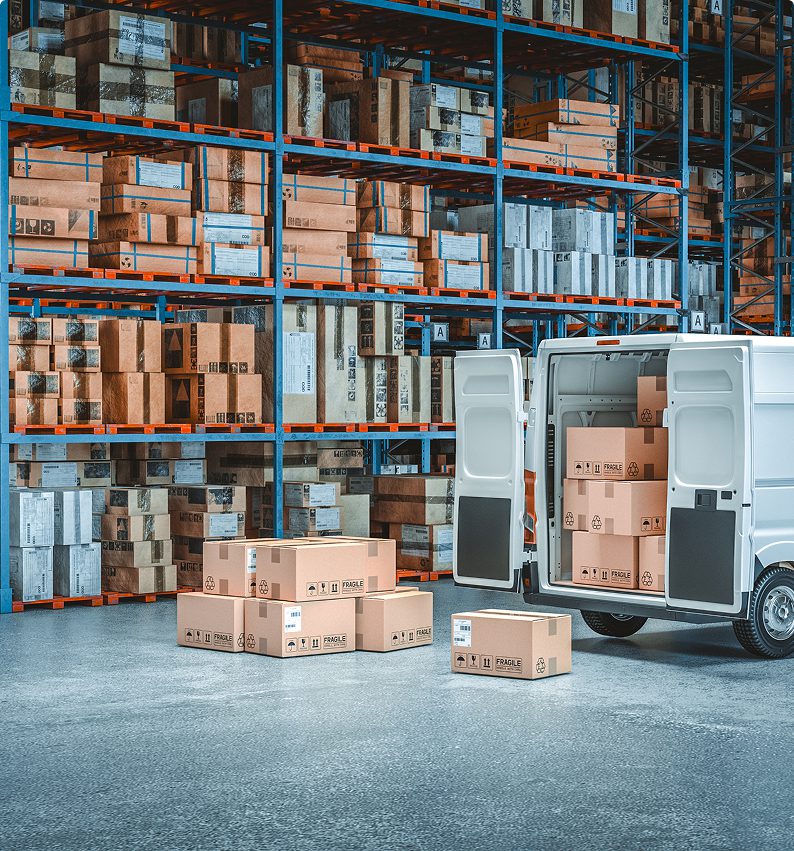 Warehouse with stacked boxes and delivery van.
